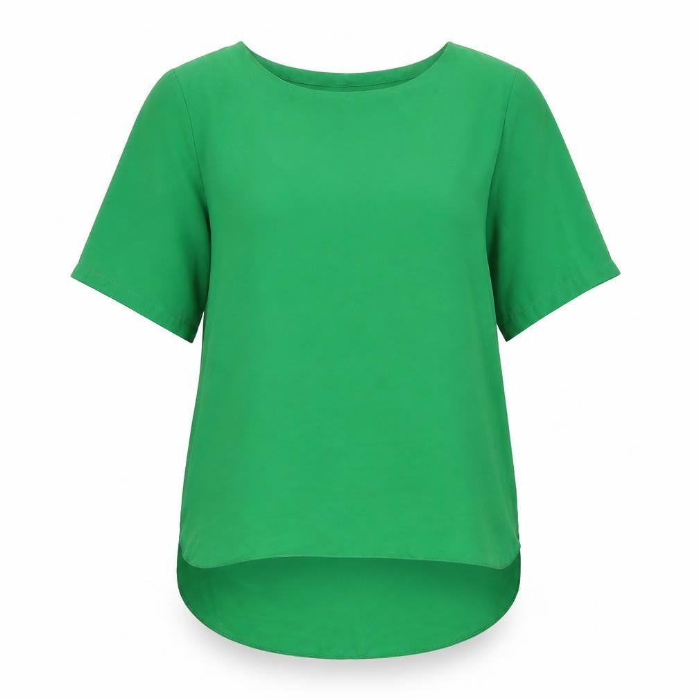 Front view of Preworn women’s green polyester basic t-shirt, size UK 8, round neck