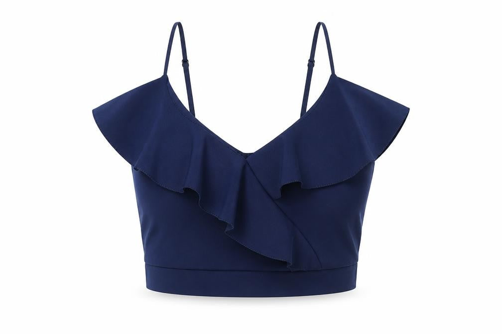 Front view of Quiz women’s blue polyester cropped blouse, size UK 6, v-neck
