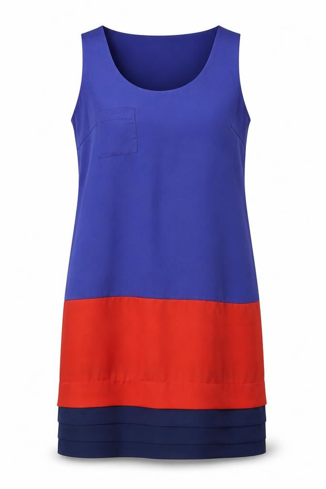 Front view of Marks & Spencer women’s blue colourblock polyester shift, size UK 12, scoop neck pullover