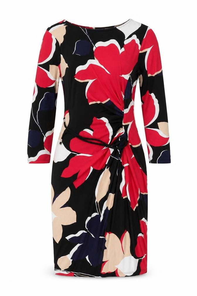 Front view of Debenhams women’s multicoloured geometric polyester sheath, size UK 8, boat neck pullover