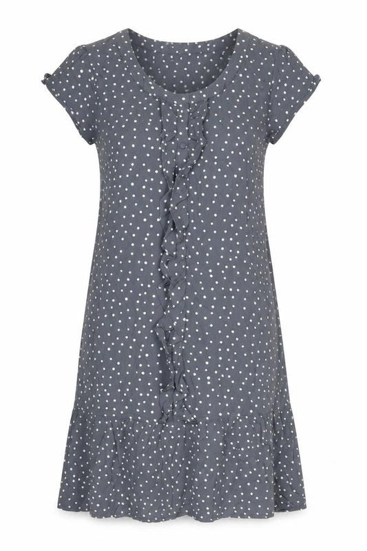 Front view of Monsoon women’s grey polka dot viscose a-line, size UK 10, round neck pullover