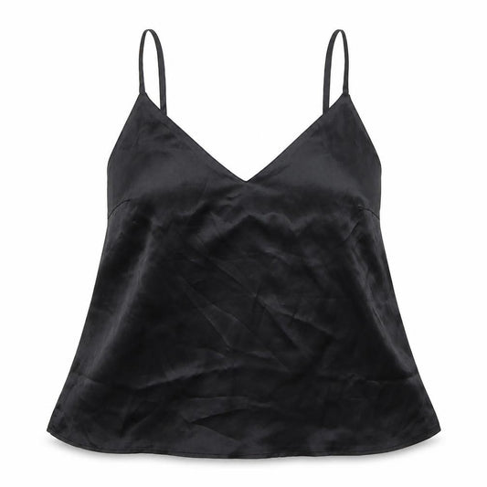 Front view of ASOS women’s black polyester basic tank, size UK 10, v-neck