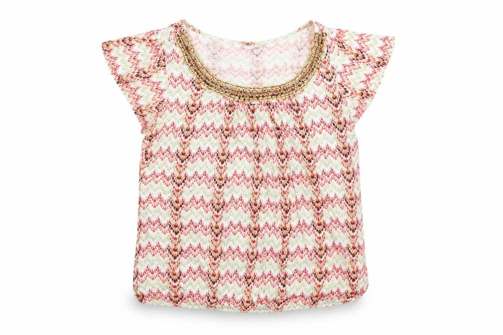 BHS Womens Multicoloured Geometric Cotton Basic T-Shirt Size 14 Scoop Neck - Embellished Neckline