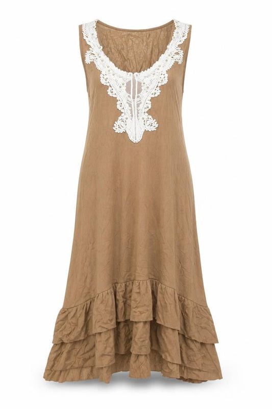 Front view of Atmosphere women’s brown viscose a-line, size UK 12, scoop neck pullover - lace detail