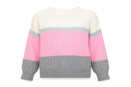 Front view of Papaya women’s multicoloured round neck striped acrylic jumper, size S