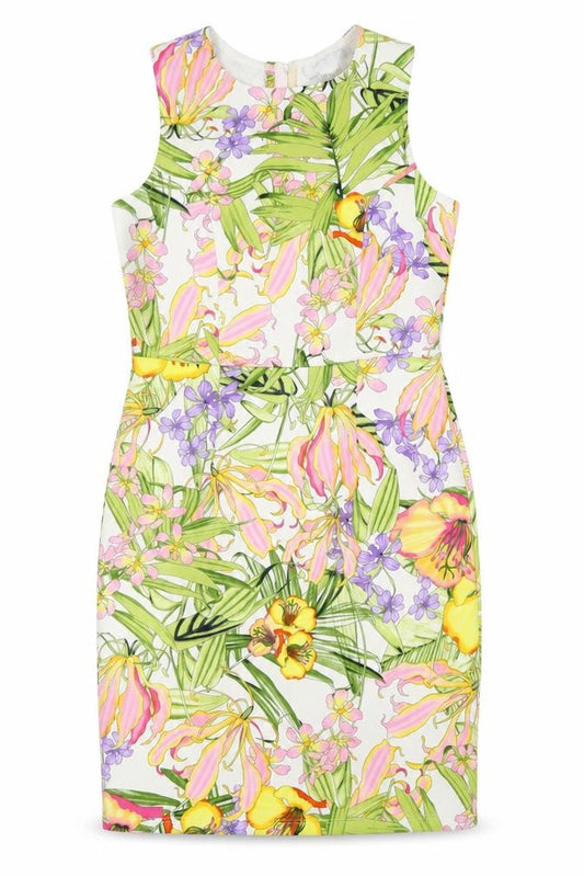 Front view of Definitions women’s multicoloured floral polyester pencil dress, size UK 8, boat neck zip