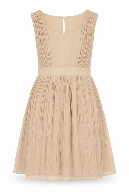 Front view of French Connection women’s beige polyester fit & flare, size UK 8, scoop neck zip