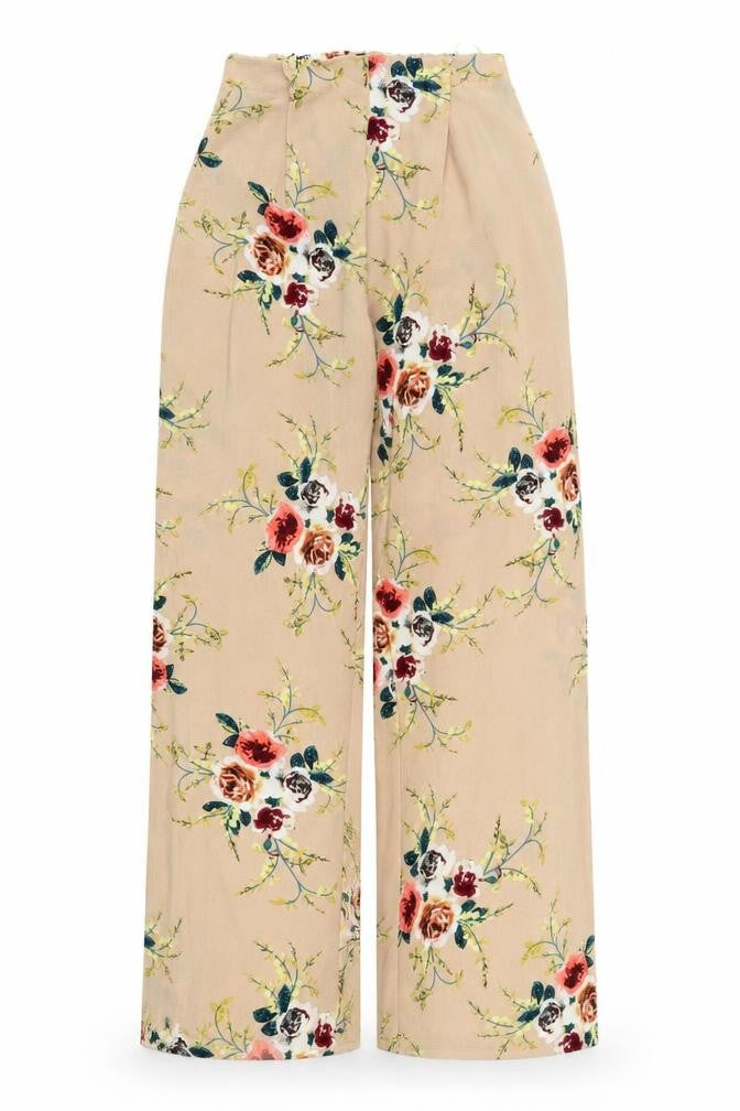 Front view of LOVE&OTHER THINGS women’s beige geometric polyester trousers, size S, regular