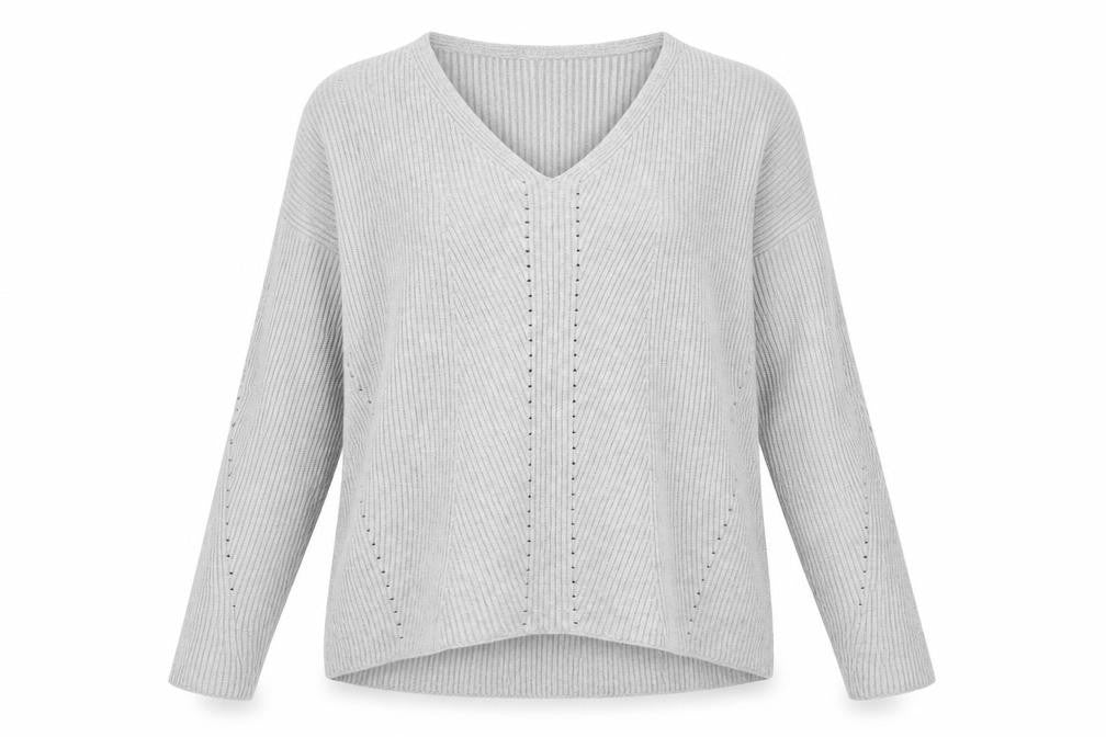 Front view of Stradivarius women’s grey v-neck viscose jumper, size S