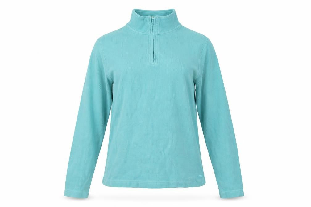 Front view of women’s blue cotton pullover sweatshirt, size UK 10, zip