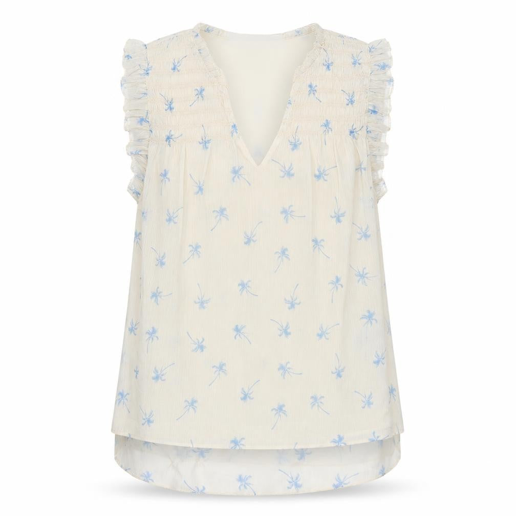 Front view of H&M women’s ivory floral polyester basic blouse, size UK 4, v-neck - palm tree print
