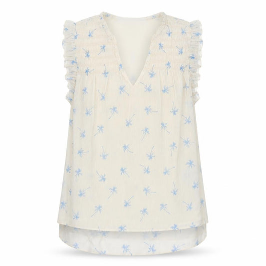 Front view of H&M women’s ivory floral polyester basic blouse, size UK 4, v-neck - palm tree print
