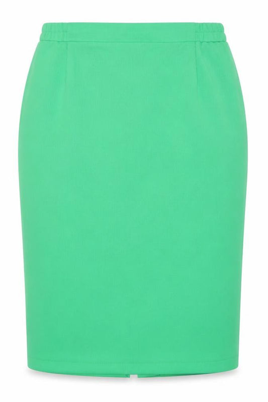 Front view of Preworn women’s green polyester bandage skirt, size UK 46, in zip