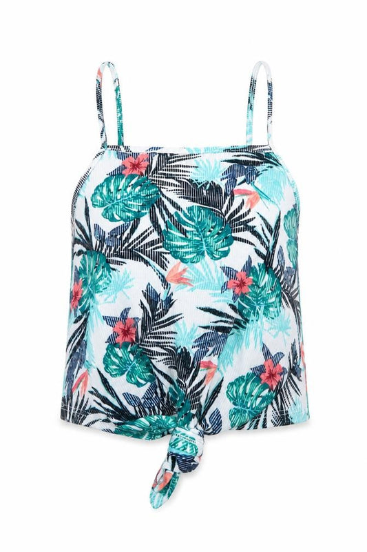 Front view of Primark women’s multicoloured geometric polyester basic tank, size UK 12, square neck - leaf print knot front