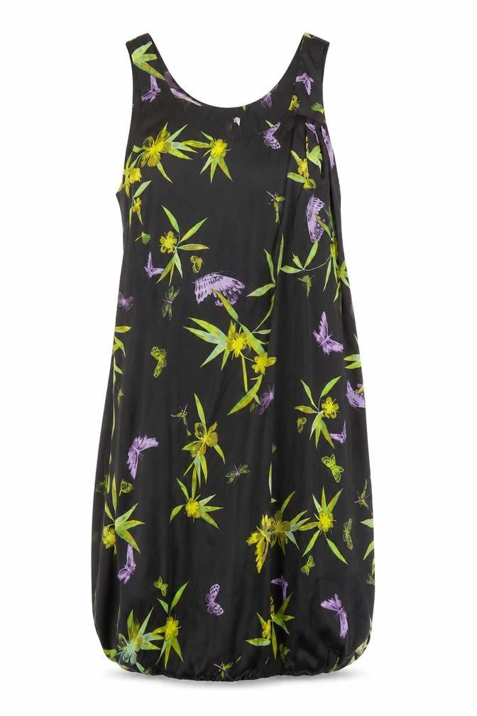 Front view of H&M women’s black floral polyester tank dress, size UK 6, scoop neck pullover