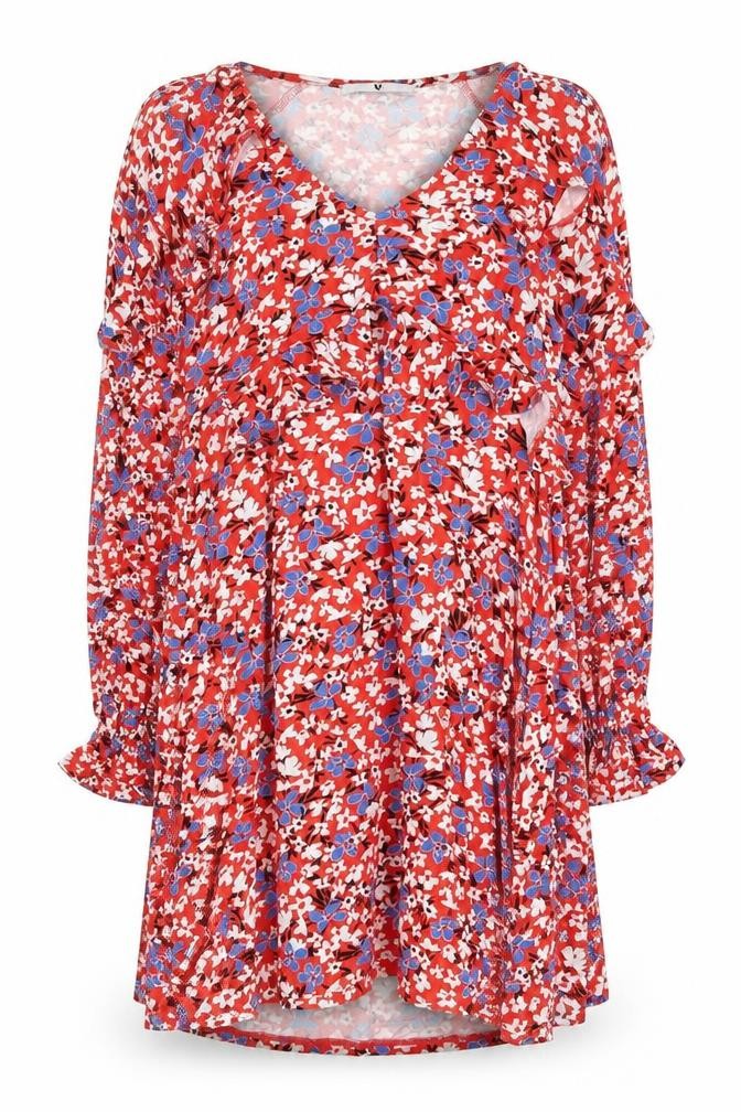 Very Womens Red Floral Viscose Shirt Dress Size 12 V-Neck Pullover