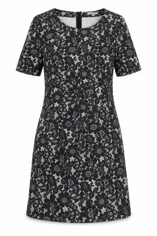 Front view of Billie & Blossom women’s black floral polyester a-line, size UK 12, boat neck zip