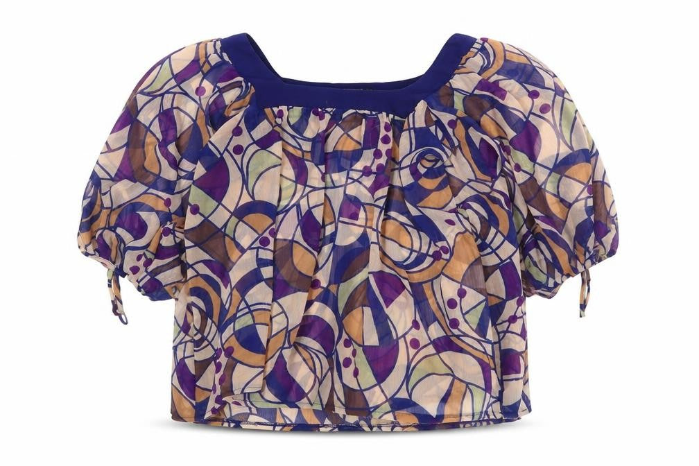 Front view of Atmosphere women’s multicoloured geometric polyester cropped blouse, size UK 12, square neck
