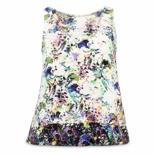Front view of Warehouse women’s multicoloured geometric polyester basic blouse, size UK 12, scoop neck