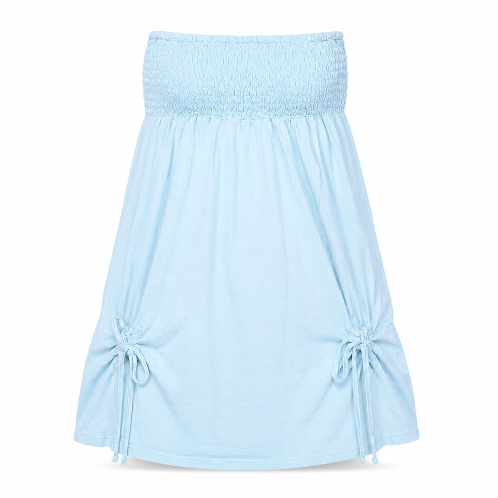 Front view of Papaya women’s blue polyester mini, size UK 10, off the shoulder pullover - shirred