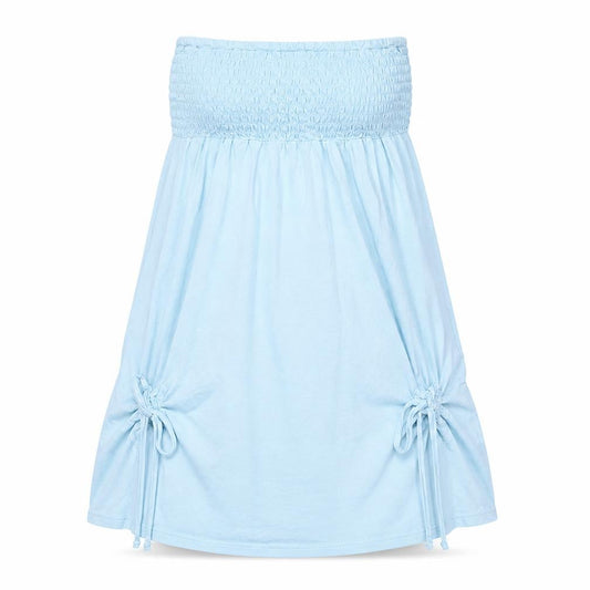 Front view of Papaya women’s blue polyester mini, size UK 10, off the shoulder pullover - shirred