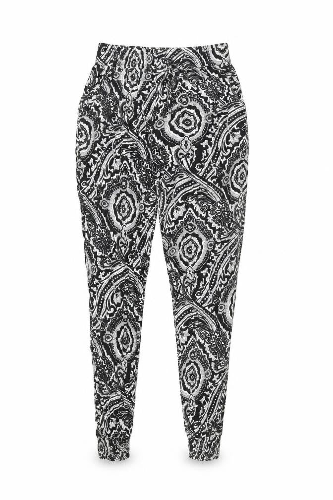 Front view of Quiz women’s black geometric viscose trousers, size S, regular drawstring