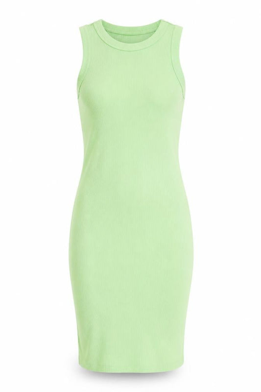 Front view of Berhska women’s green cotton tank dress, size XS, round neck pullover - ribbed