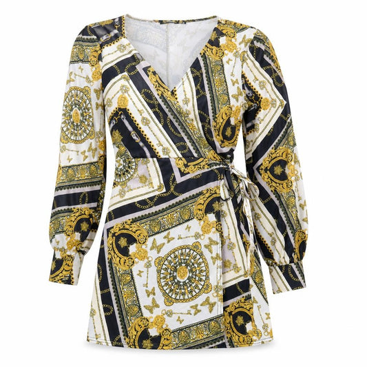 Front view of Boohoo women’s multicoloured geometric polyester wrap dress, size UK 8, v-neck pullover