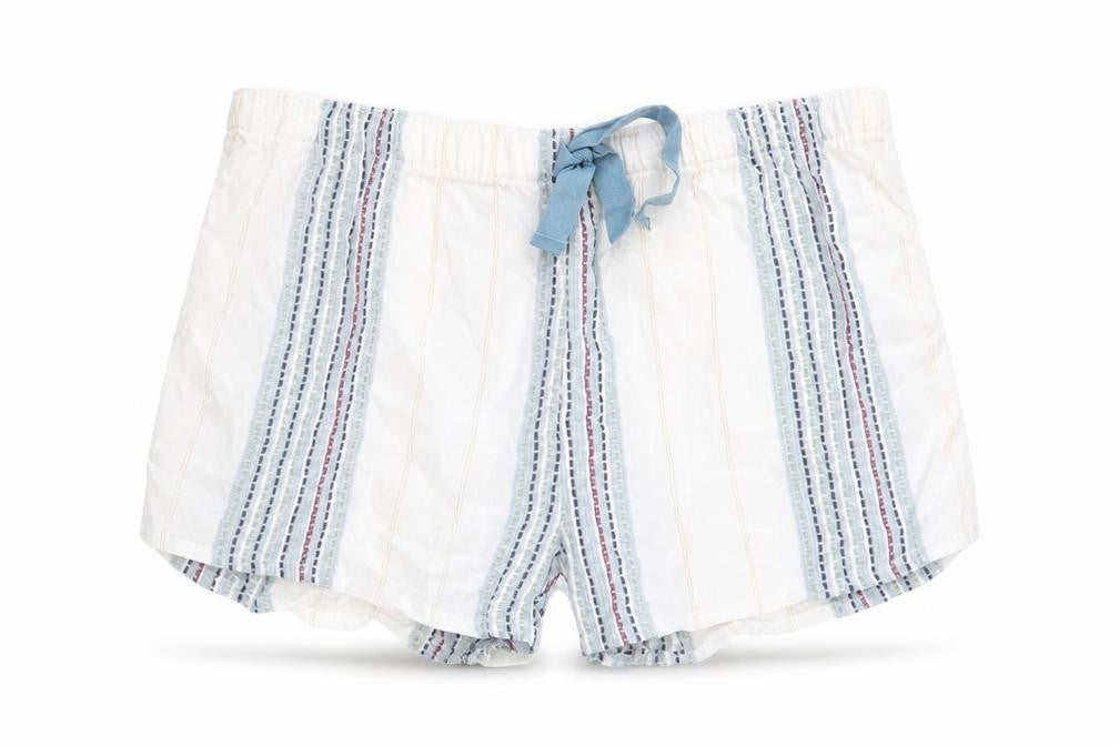 Front view of Preworn women’s multicoloured geometric viscose sweat shorts, size L, regular drawstring