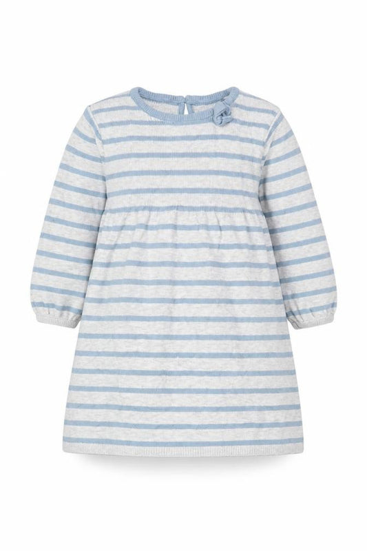 Front view of Nutmeg girls’ grey striped cotton trapeze & swing, size 12-18, months crew neck pullover