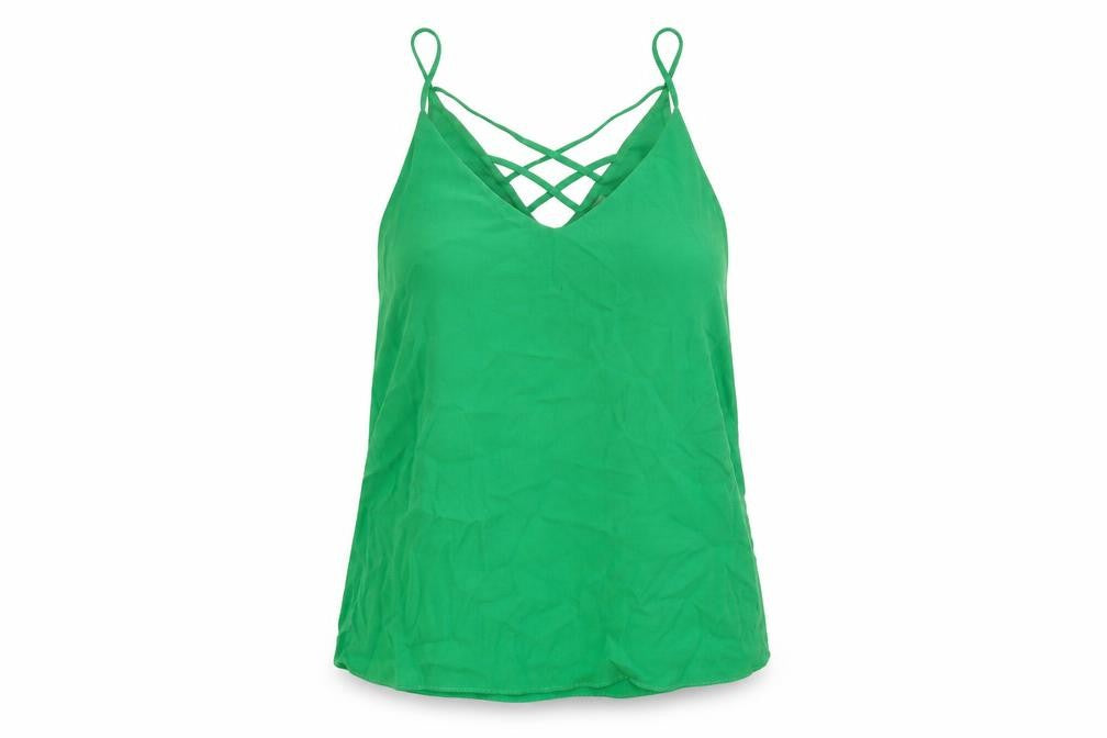 Front view of River Island women’s green polyester camisole tank, size UK 10, v-neck