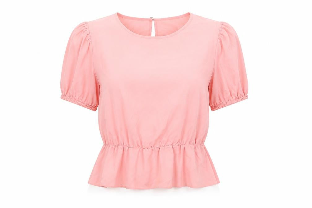 Front view of Dorothy Perkins women’s pink polyester basic blouse, size UK 14, roll neck - peplum