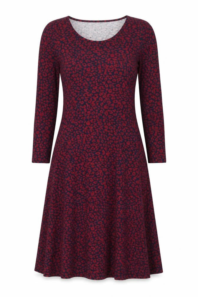 Front view of Atmosphere women’s purple geometric cotton fit & flare, size UK 8, scoop neck pullover