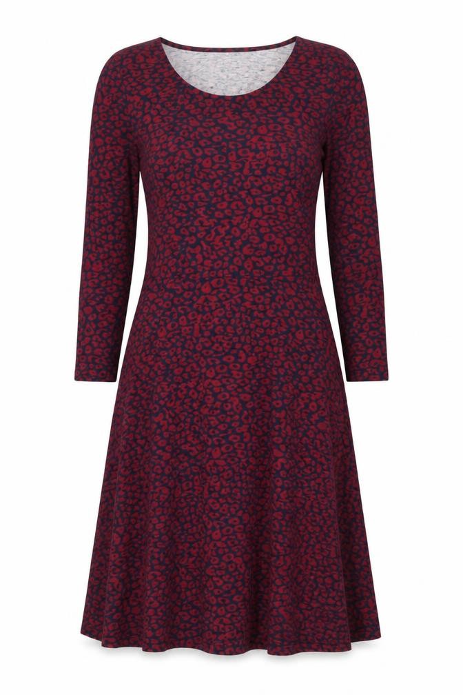 Front view of Atmosphere women’s purple geometric cotton fit & flare, size UK 8, scoop neck pullover