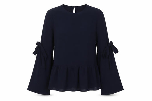 Front view of Atmosphere women’s blue polyester basic blouse, size UK 4, round neck