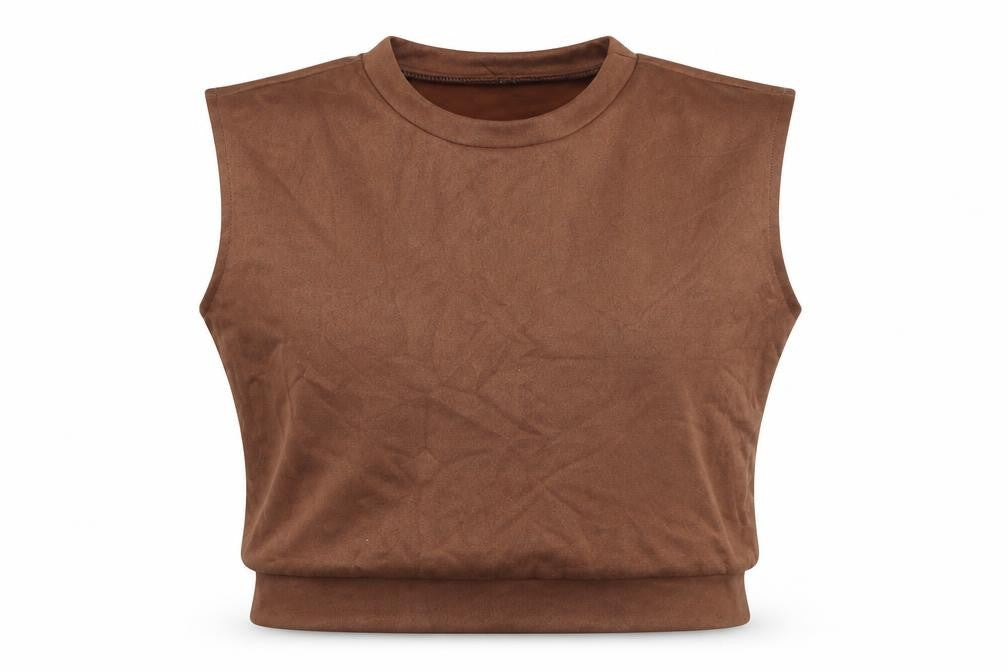Front view of SHEIN women’s brown polyester cropped blouse, size S, crew neck