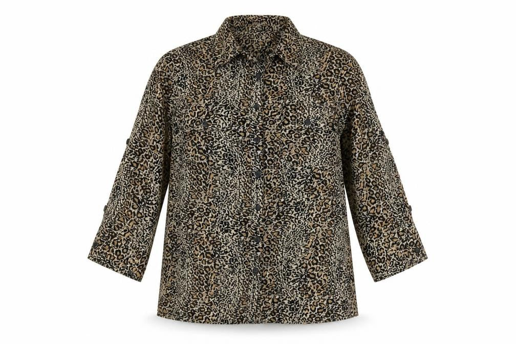 Notations Womens Brown Animal Print Polyester Basic Button-Up Size S Collared - Leopard Pattern