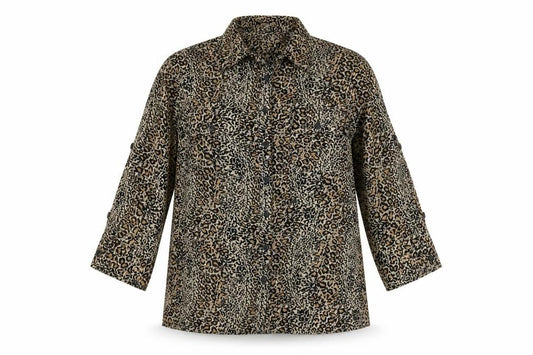 Front view of Notations women’s brown animal print polyester basic button-up, size S, collared - leopard pattern