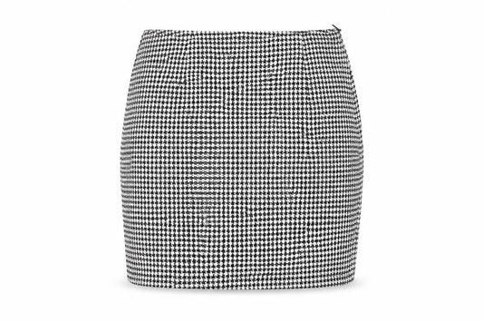 Front view of SHEIN women’s black geometric polyester bandage skirt, size S, zip