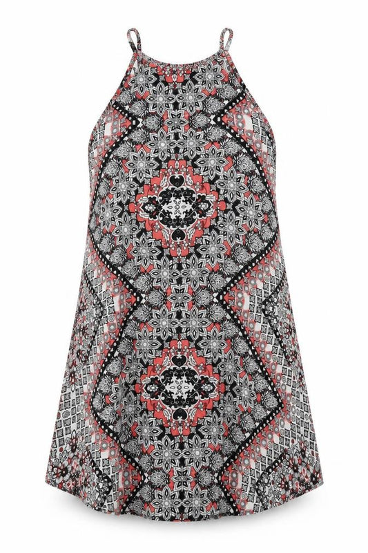 Front view of Atmosphere women’s multicoloured geometric viscose trapeze & swing, size UK 8, halter pullover