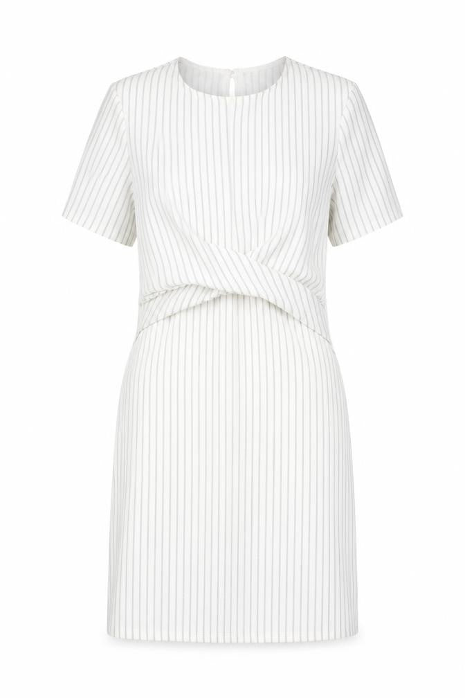 Front view of Miss Selfridge women’s white striped polyester mini, size UK 8, round neck pullover - twist detail