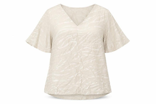 Front view of F&F women’s beige geometric polyester basic blouse, size UK 10, v-neck