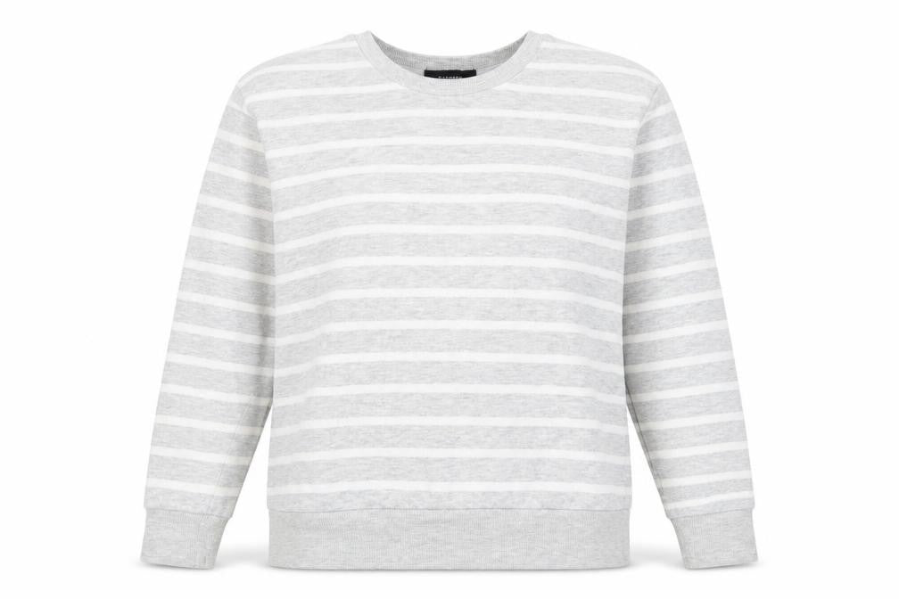 Front view of Atmosphere women’s grey striped cotton pullover sweatshirt, size UK 8, pullover
