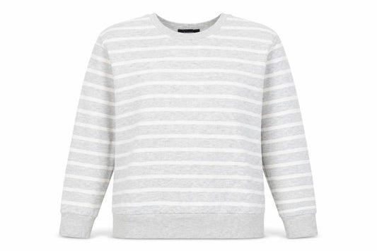 Front view of Atmosphere women’s grey striped cotton pullover sweatshirt, size UK 8, pullover