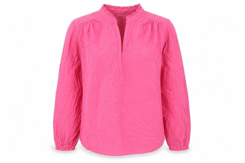 Front view of Marks & Spencer women’s pink viscose basic blouse, size UK 8, v-neck