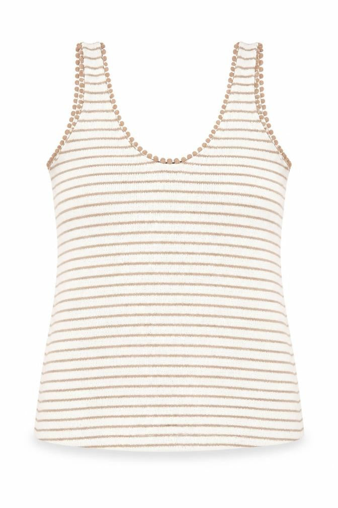 Front view of Marks & Spencer women’s beige striped viscose basic tank, size UK 14, scoop neck