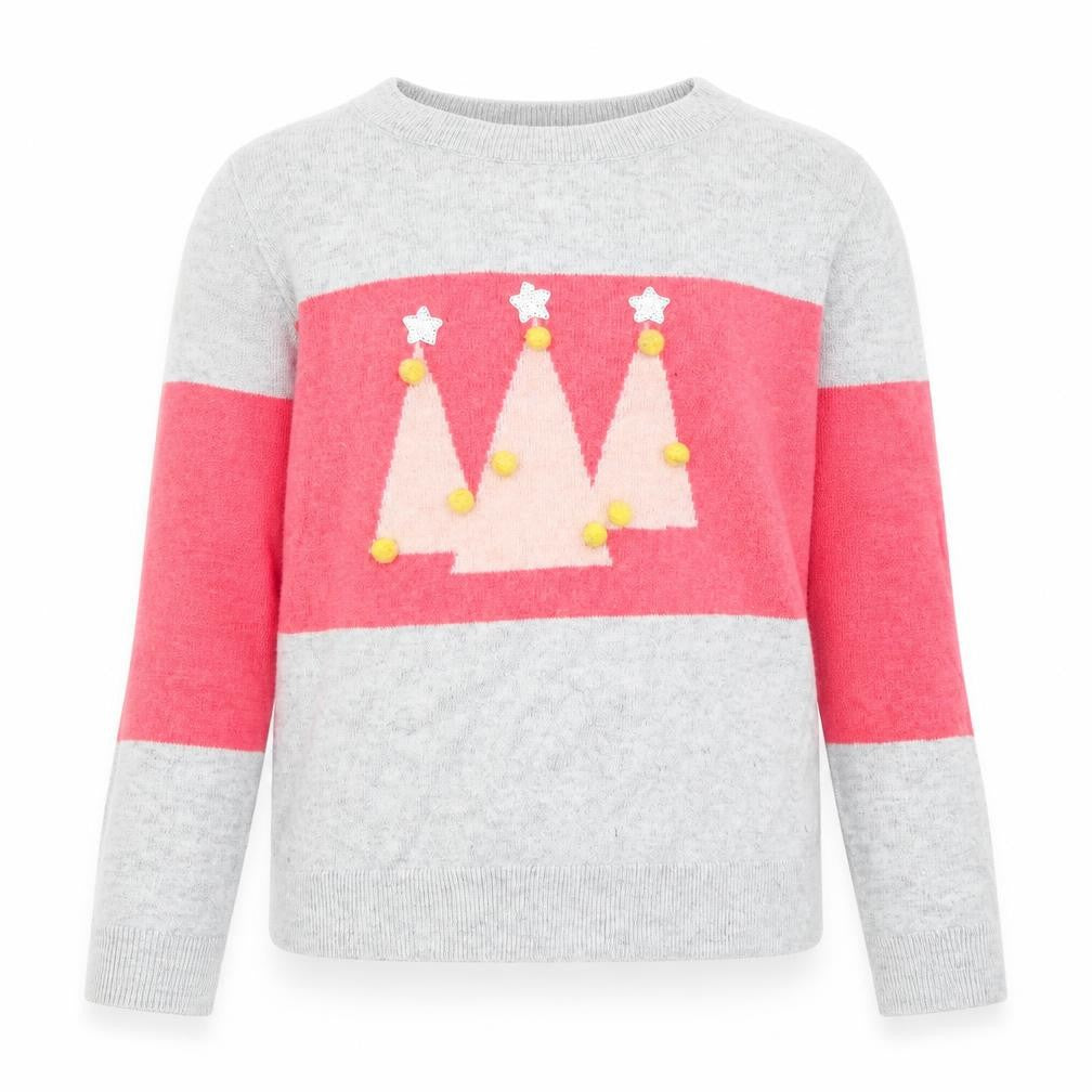 Front view of Mint Velvet girls’ grey round neck colourblock cotton jumper, size 10, years pullover - christmas tree