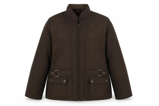 Front view of Klass women’s brown jacket, size L, zip