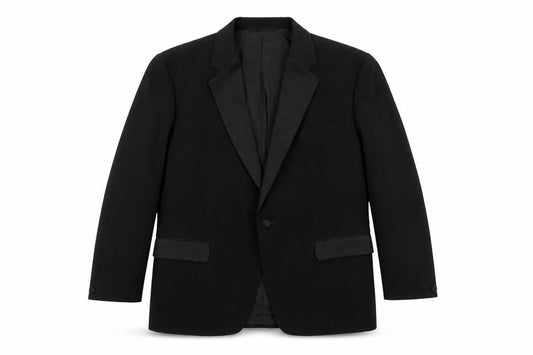 Front view of Preworn men’s black polyester jacket blazer, size 42