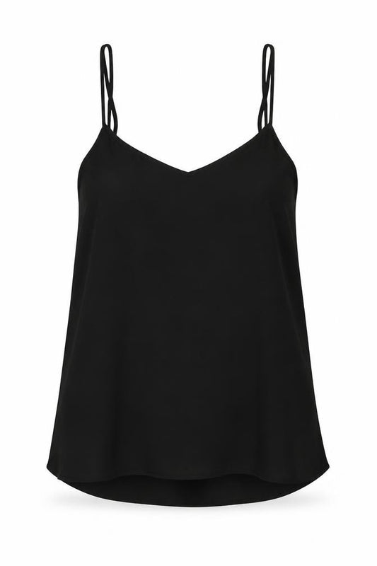 Front view of Topshop women’s black polyester basic tank, size UK 6, square neck